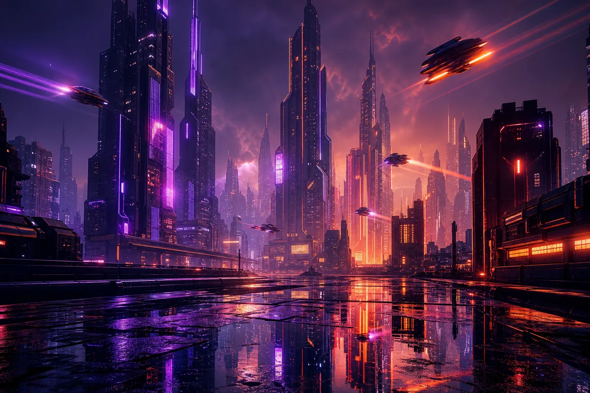 Ville cyberpunk futuriste la nuit avec néons
