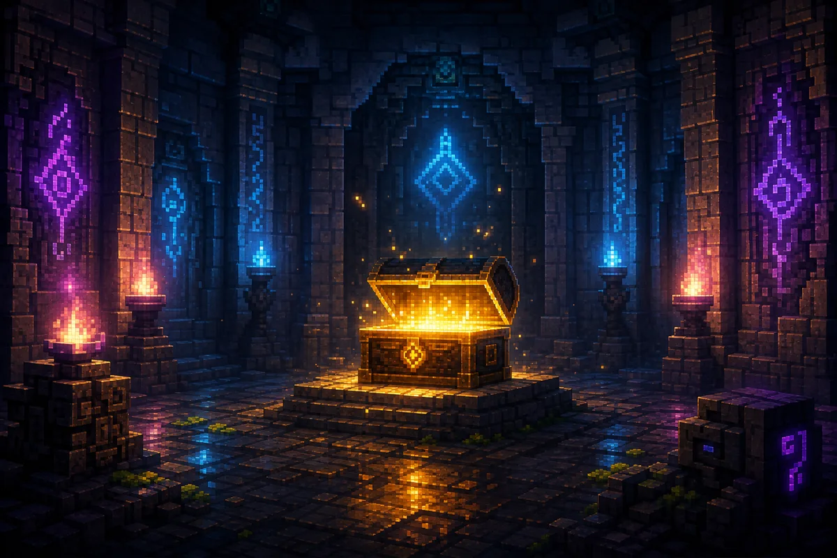 Donjon en pixel art avec coffre au trésor magique